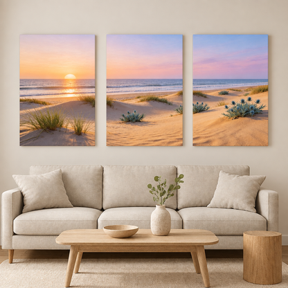 Three-panel beach sunset canvas art with dunes and sea above an ivory living room sofa - Portugal Canvas Co