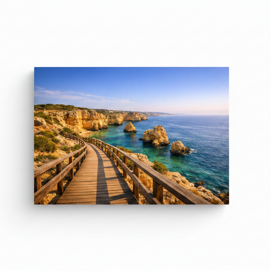 Carvoeiro boardwalk Algarve coastal cliff canvas wall art on white background showing wooden walkway over golden cliffs and turquoise Atlantic ocean - Portugal Canvas Co