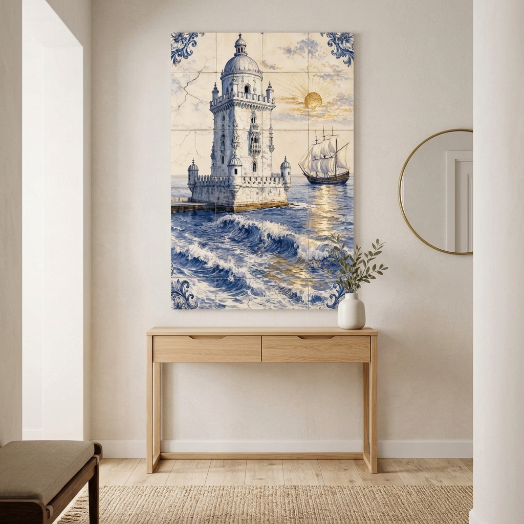 Belem Tower Portuguese azulejo-style canvas with ocean waves and sailing ship above a console table in a bright entrance hallway - Portugal Canvas Co