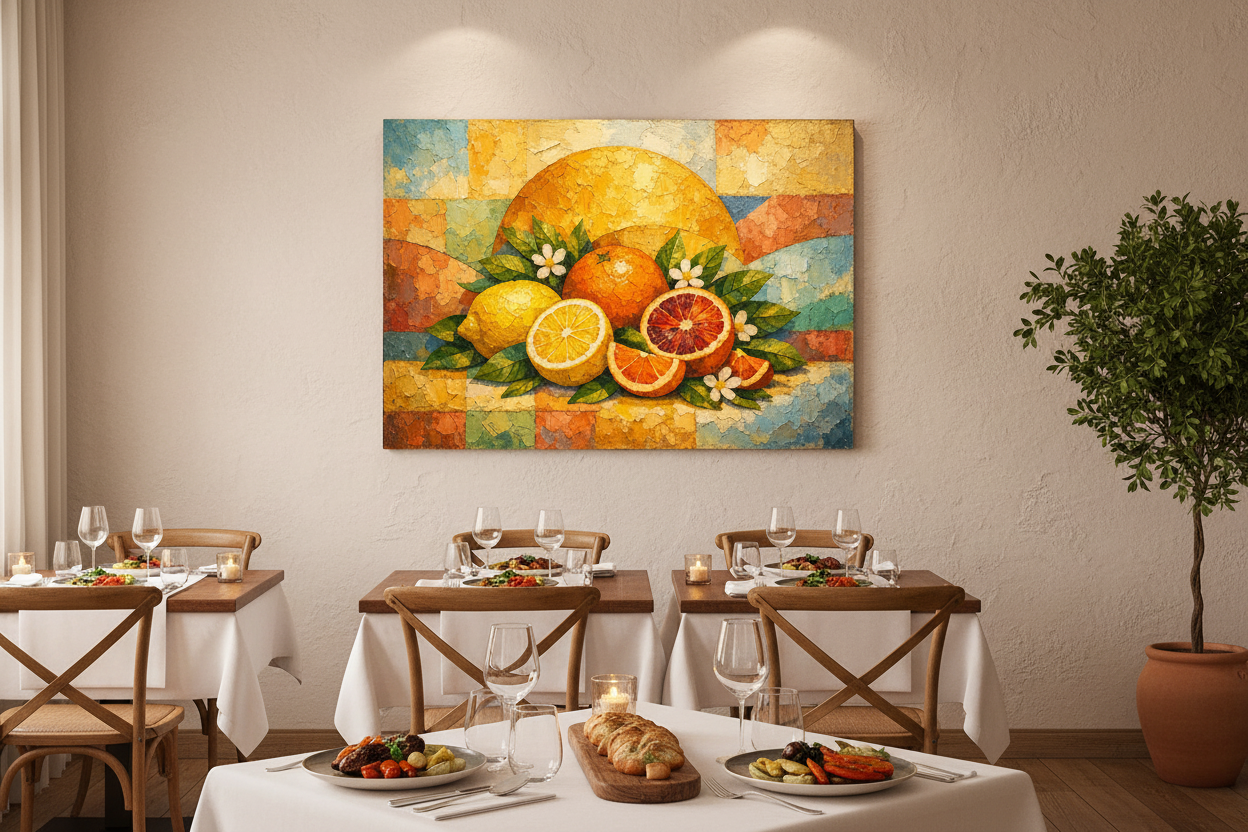 Citrus fruit still life canvas wall art with lemons and oranges displayed in an upscale restaurant dining room - Portugal Canvas Co