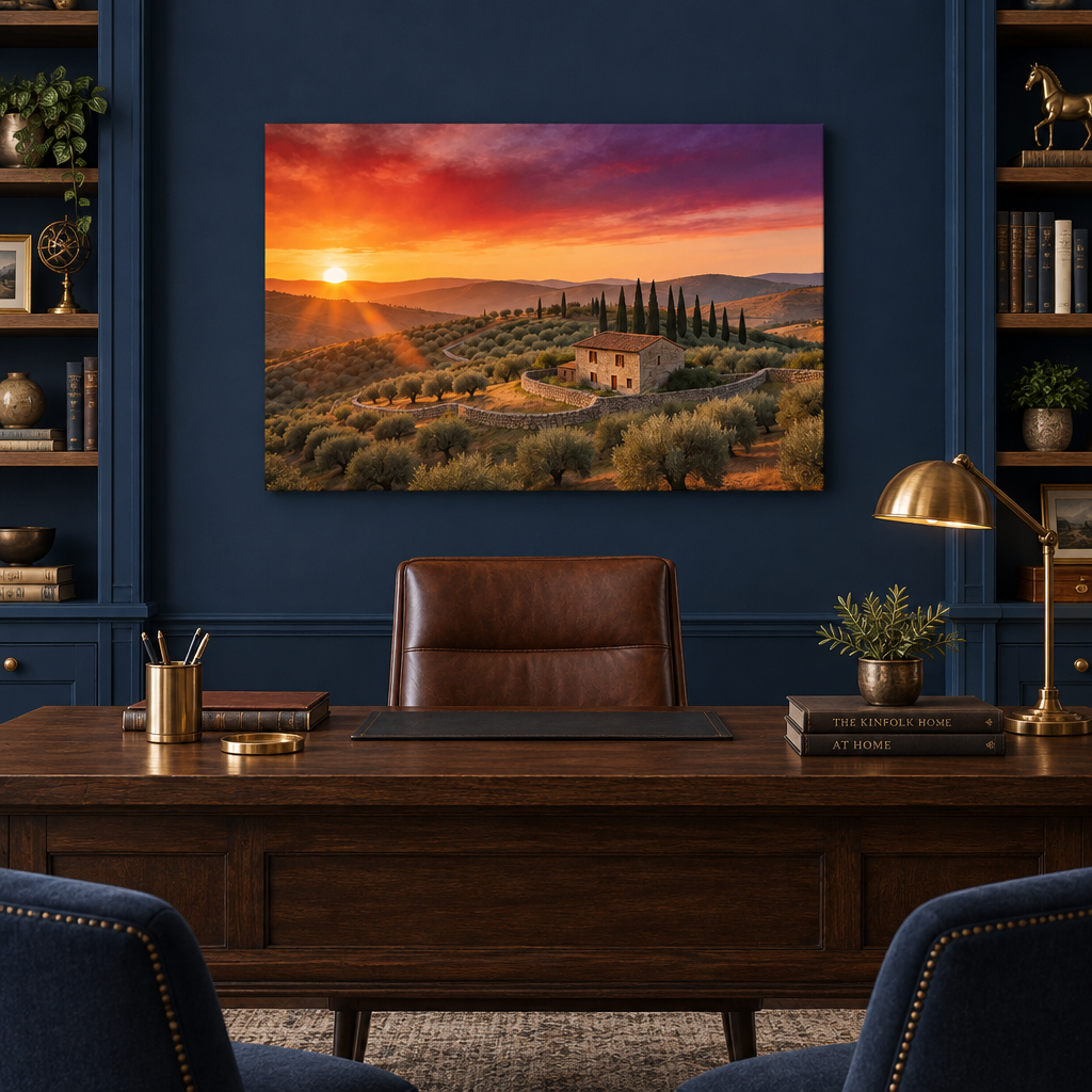 Tuscan-style sunset farmhouse canvas above a dark wood desk in a navy home office - Portugal Canvas Co