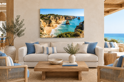 Algarve golden cliffs and turquoise sea canvas above cream seating in an exclusive beach club lounge - Portugal Canvas Co