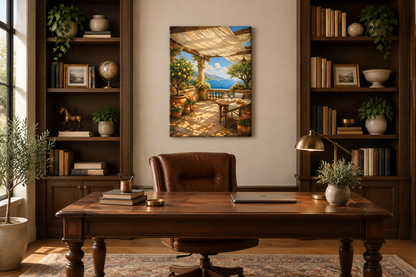 Mediterranean pergola terrace canvas wall art above a leather desk chair in a refined home office study - Portugal Canvas Co