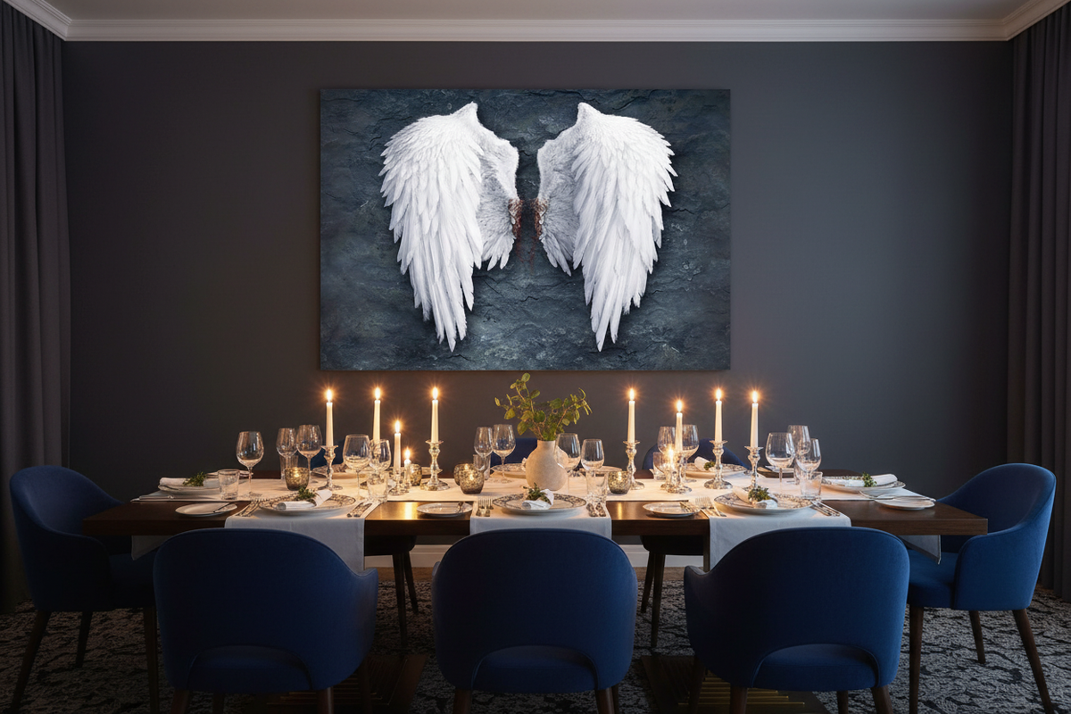 White angel wings on dark textured background canvas wall art displayed in an elegant restaurant private dining room with dark walls and candlelight - Portugal Canvas Co