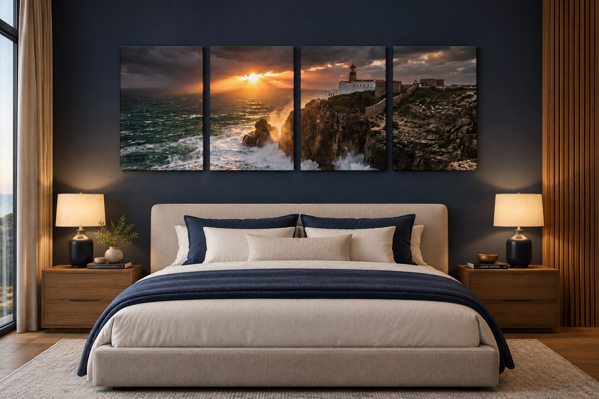 Cabo de São Vicente lighthouse four-panel canvas above a bed in a navy and oak bedroom - Portugal Canvas Co