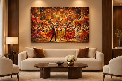 Colourful dance celebration canvas displayed in a luxury boutique hotel suite - Portugal Canvas Co