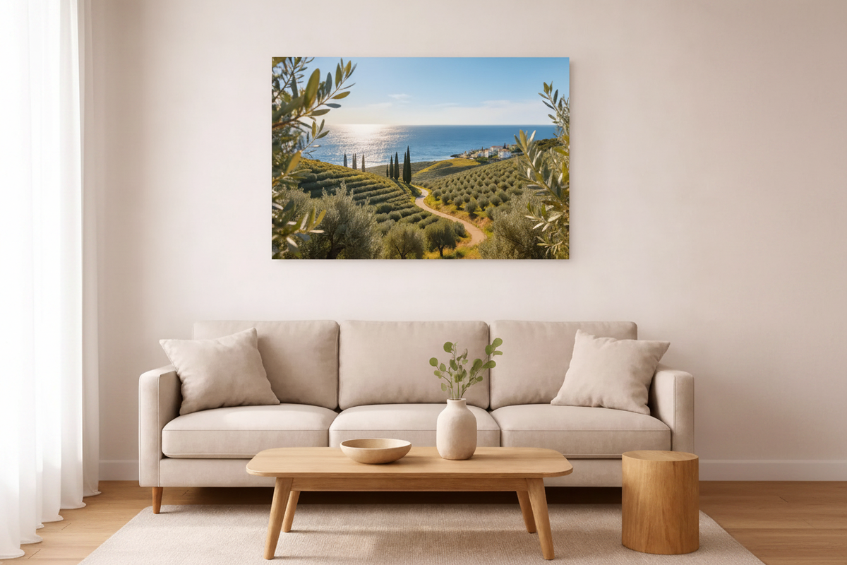 Mediterranean olive grove coastal landscape canvas wall art displayed on a white wall above a linen sofa in a bright Scandinavian living room - Portugal Canvas Co