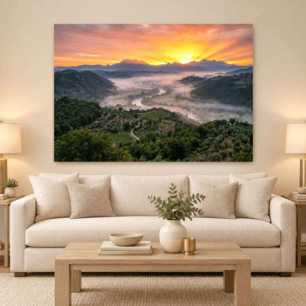 Golden valley sunrise canvas above a cream sofa in a neutral ivory living room - Portugal Canvas Co