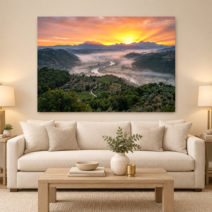 Golden valley sunrise canvas above a cream sofa in a neutral ivory living room - Portugal Canvas Co