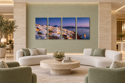 Santorini at Night four-panel canvas in a pale sage and travertine five-star hotel lobby lounge - Portugal Canvas Co