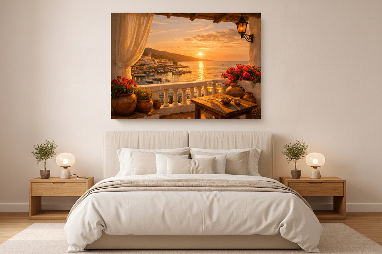 Mediterranean harbour sunset balcony view canvas wall art displayed above a bed in a bright airy bedroom - Portugal Canvas Co