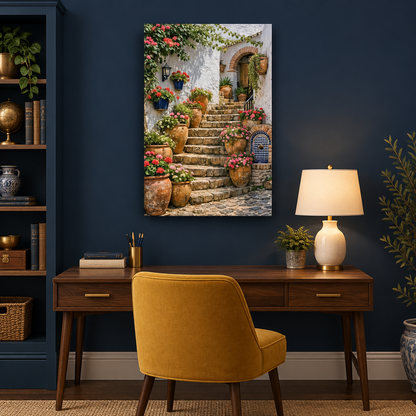 Mediterranean stone staircase canvas with flowers and terracotta pots in a navy and mustard study - Portugal Canvas Co