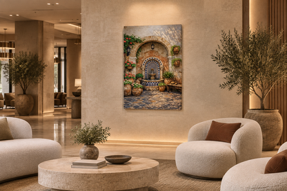 Portrait courtyard fountain canvas with stone arch and terracotta pots in an upscale hotel lobby lounge - Portugal Canvas Co