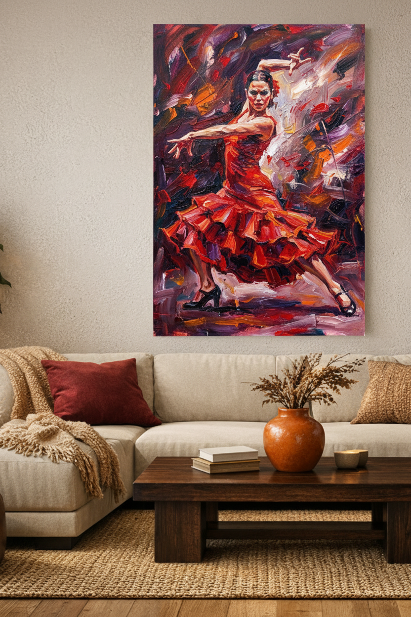 Flamenco dancer in red ruffled dress dramatic canvas wall art displayed on a terracotta wall in a Spanish-style living room with warm amber lighting - Portugal Canvas Co