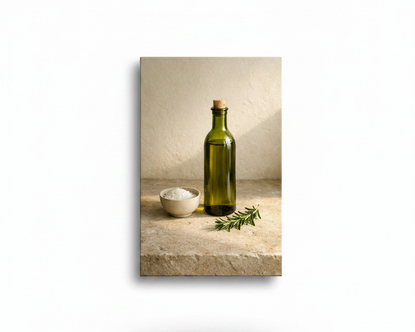 Olive oil bottle rosemary still life canvas wall art on white background - Portugal Canvas Co