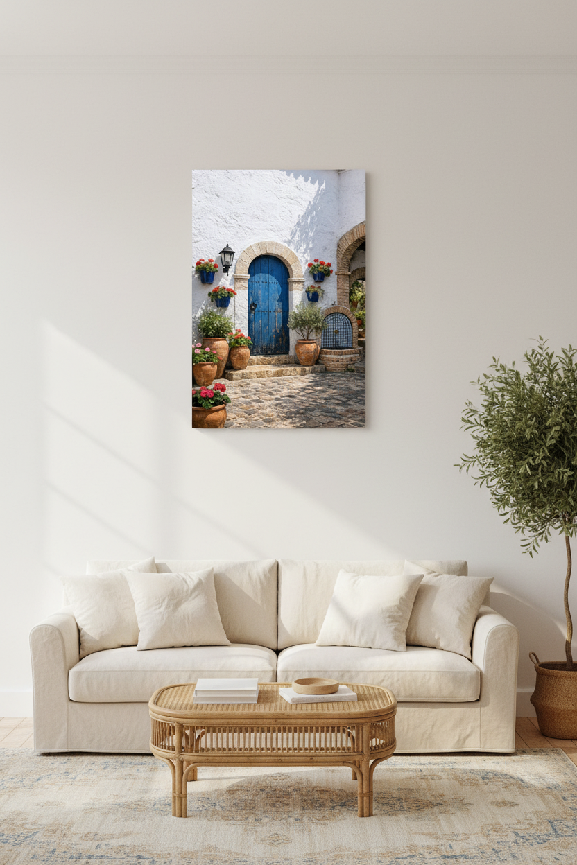 Andalusian courtyard blue door canvas wall art with stone arch and terracotta pots displayed in a bright minimalist living room with cream linen sofa and rattan coffee table - Portugal Canvas Co