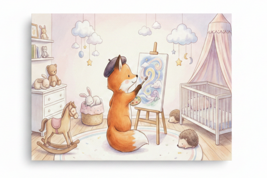 Whimsical fox artist nursery canvas print flat lay on white background overhead view - Portugal Canvas Co