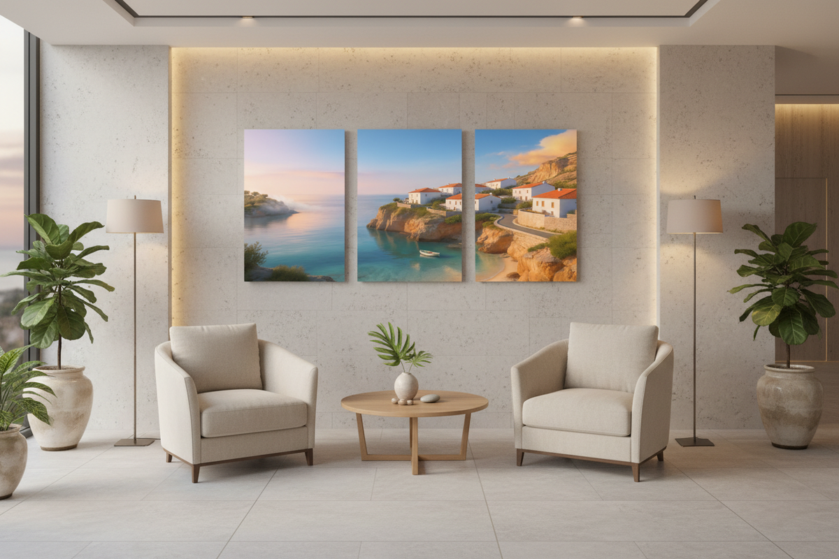 Three-panel coastal village canvas triptych in an exclusive hotel spa lounge - Portugal Canvas Co