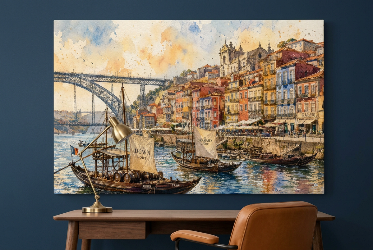Porto Ribeira waterfront and boats canvas above a walnut desk in a navy study - Portugal Canvas Co