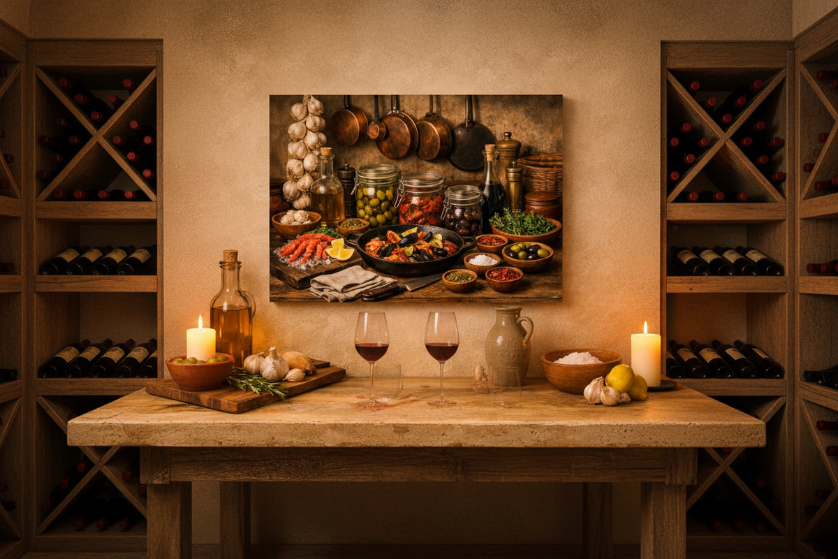 Mediterranean kitchen still life canvas wall art in a wine cellar tasting room with stone walls, wine racks and candlelight - Portugal Canvas Co