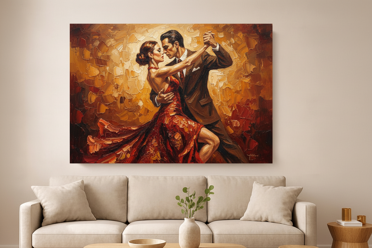 Passionate tango couple expressive canvas wall art displayed on a warm beige wall above a cream sofa in an elegant living room with gold accents - Portugal Canvas Co