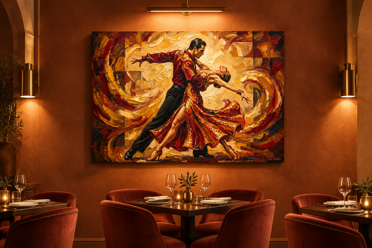 Dancing couple canvas displayed in an elegant Iberian-inspired restaurant - Portugal Canvas Co