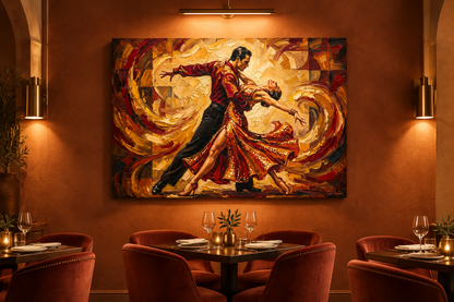 Dancing couple canvas displayed in an elegant Iberian-inspired restaurant - Portugal Canvas Co