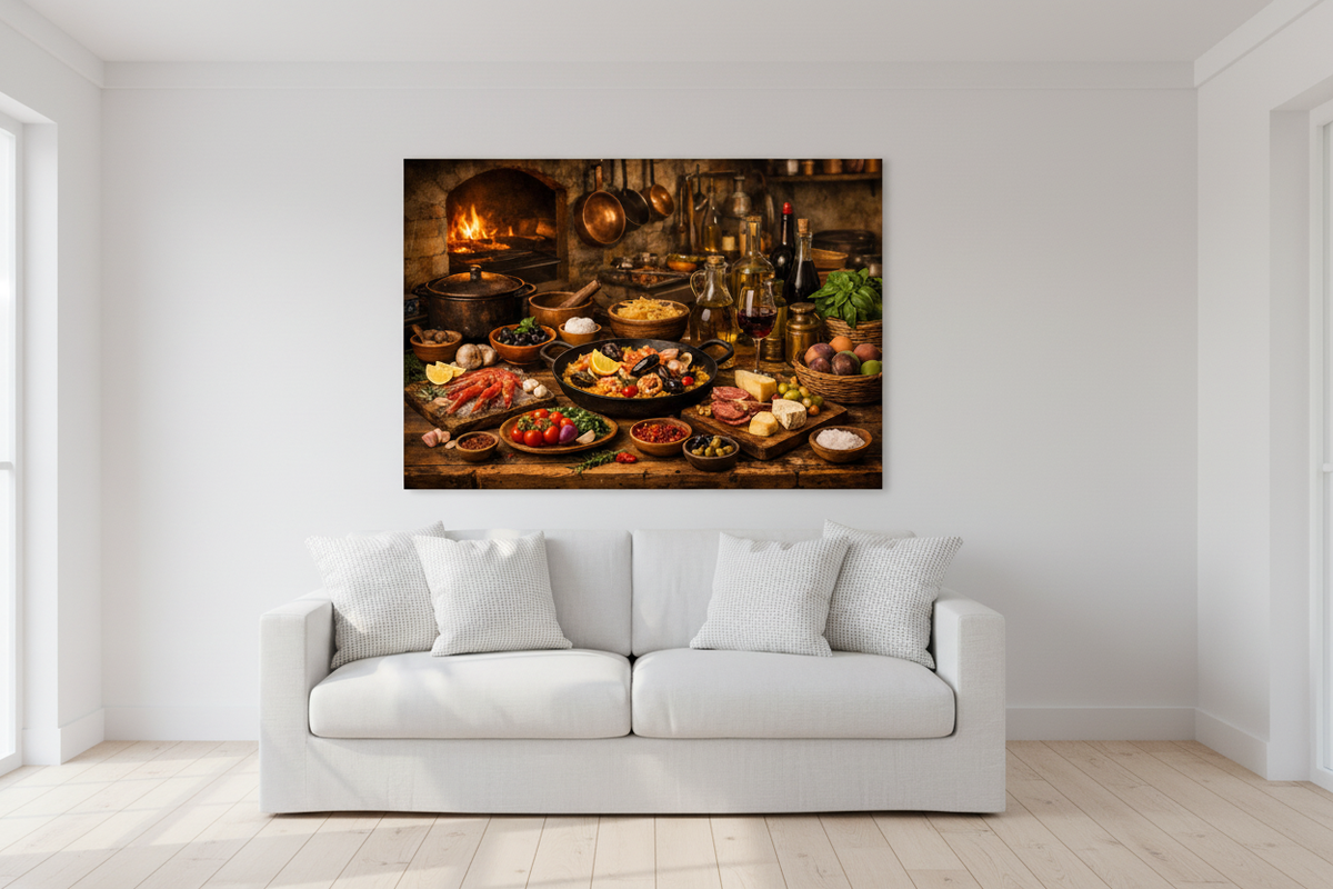 Mediterranean still life kitchen canvas wall art above white linen sofa in bright Scandinavian minimalist living room - Portugal Canvas Co