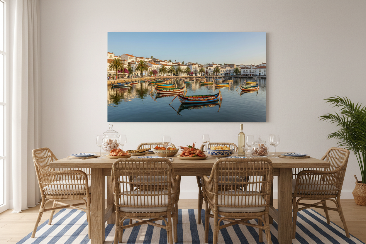 Traditional Portuguese fishing boats colourful harbour canvas wall art displayed in a bright coastal dining room interior - Portugal Canvas Co