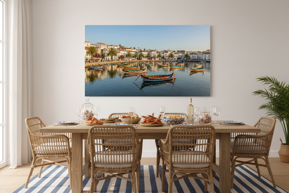 Traditional Portuguese fishing boats colourful harbour canvas wall art displayed in a bright coastal dining room interior - Portugal Canvas Co