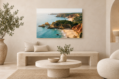 Algarve coastal cove canvas above sculptural bench in serene spa lounge - Portugal Canvas Co