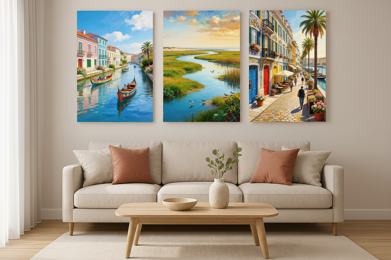 Aveiro canal moliceiro boats triptych canvas wall art set displayed as a statement gallery wall in a modern living room - Portugal Canvas Co