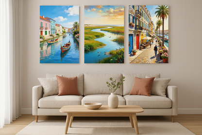 Aveiro canal moliceiro boats triptych canvas wall art set displayed as a statement gallery wall in a modern living room - Portugal Canvas Co