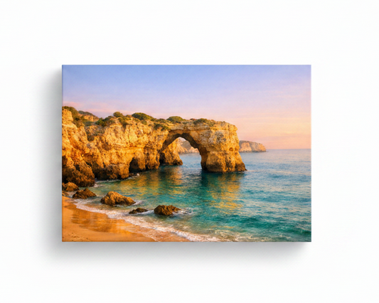 Praia da Marinha Algarve golden limestone natural stone arch over turquoise water and sandy beach at sunset canvas wall art on white background - Portugal Canvas Co