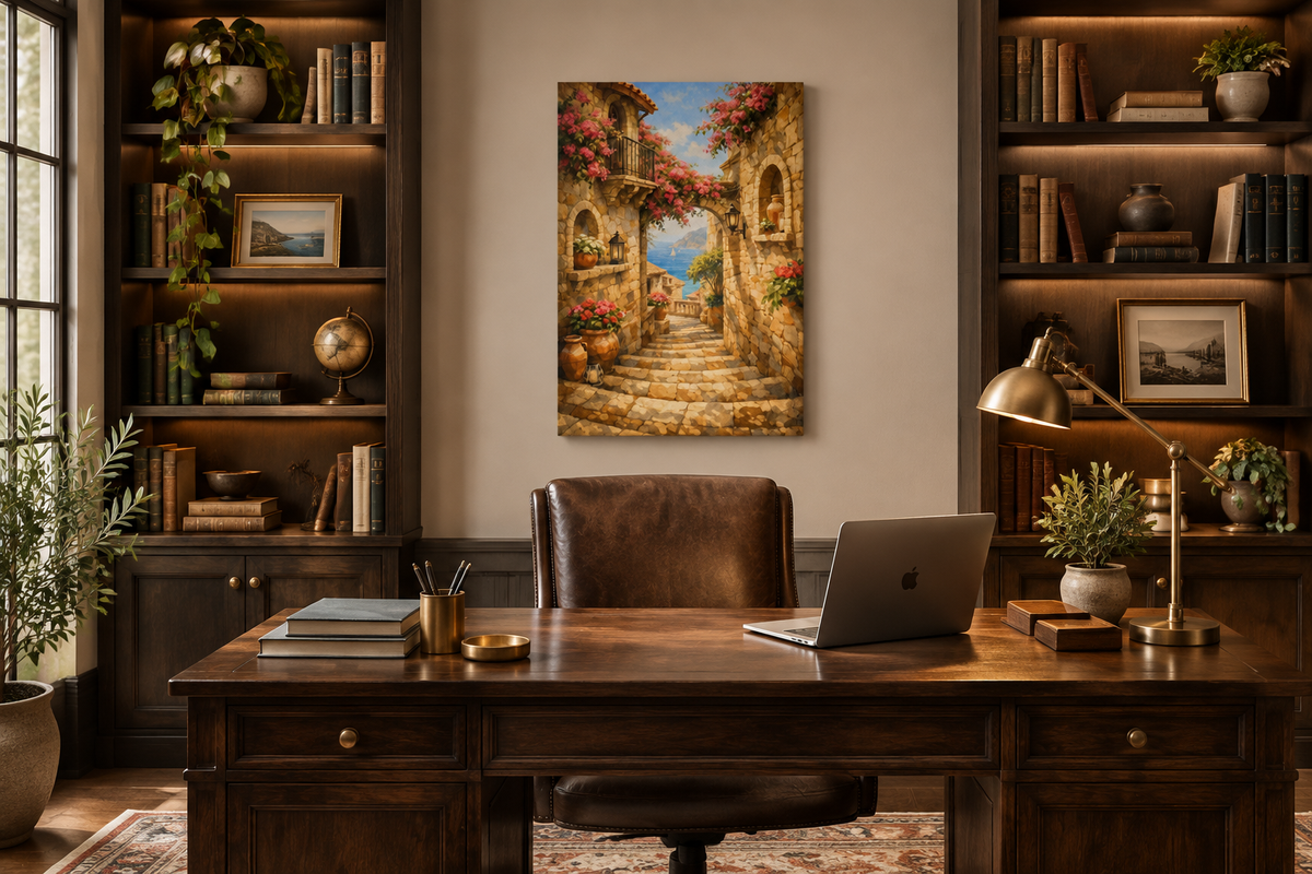Mediterranean stone alleyway canvas wall art above a leather desk chair in a refined home office study - Portugal Canvas Co