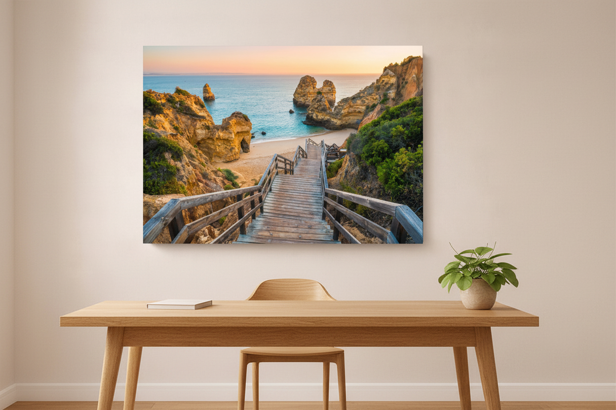 Algarve wooden boardwalk stairway to golden beach canvas wall art displayed above a wooden desk in a warm minimalist home study - Portugal Canvas Co