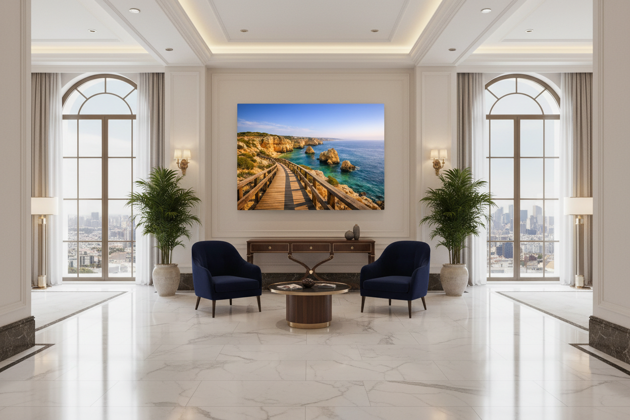 Carvoeiro boardwalk Algarve canvas wall art displayed in a luxury hotel lobby - Portugal Canvas Co