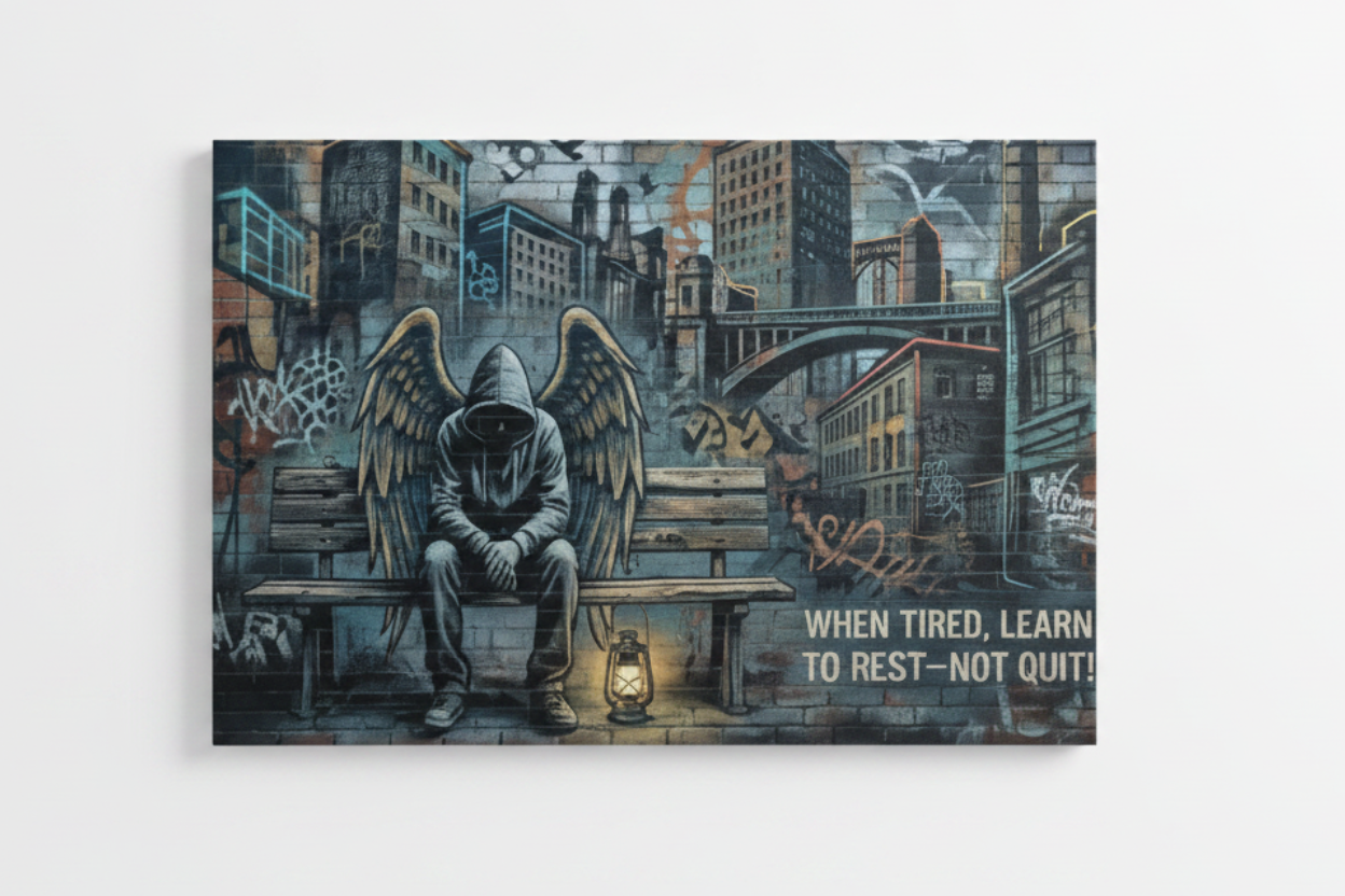 Banksy style graffiti canvas wall art of hooded angel figure sitting on park bench in dark urban cityscape with text when tired learn to rest not quit flat lay on white background - Portugal Canvas Co
