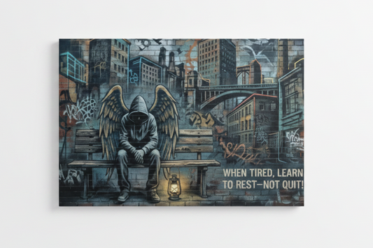 Banksy style graffiti canvas wall art of hooded angel figure sitting on park bench in dark urban cityscape with text when tired learn to rest not quit flat lay on white background - Portugal Canvas Co