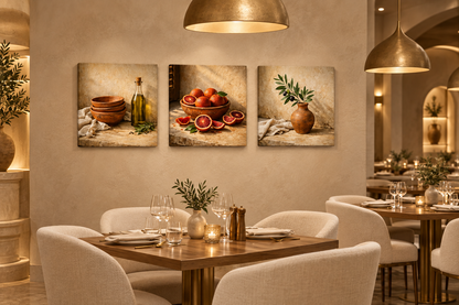 Mediterranean still life three-panel canvas set in an ivory and gold restaurant - Portugal Canvas Co