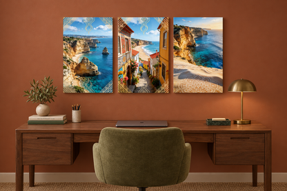 Portuguese coastal three-panel canvas artwork above a desk in a terracotta home office - Portugal Canvas Co