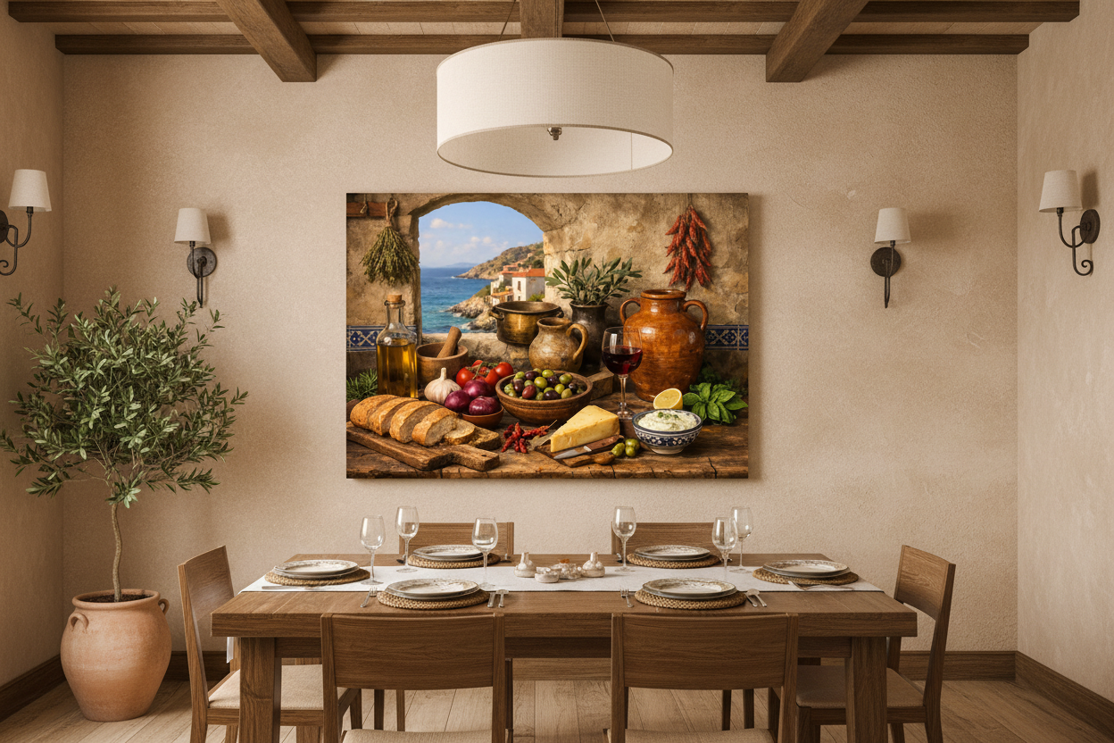 Mediterranean kitchen still life canvas wall art displayed above a dining table in an elegant dining room - Portugal Canvas Co