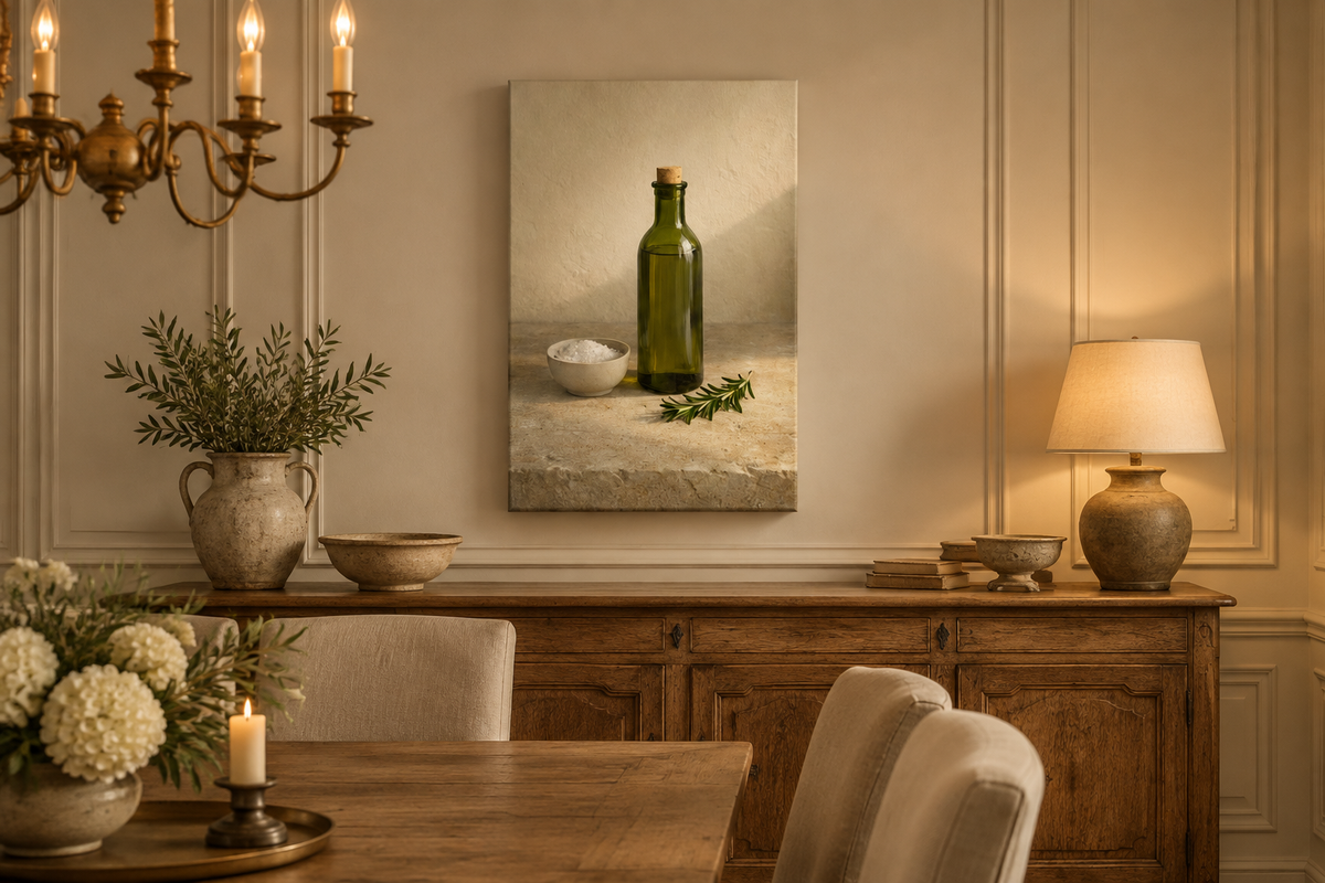 Olive oil bottle and rosemary canvas in a French country dining room with chandelier and table lamp - Portugal Canvas Co