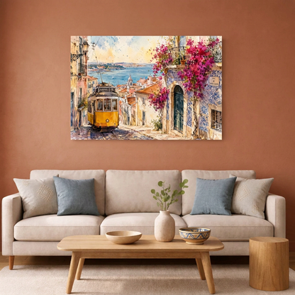 Lisbon yellow tram watercolour canvas in a terracotta living room - Portugal Canvas Co