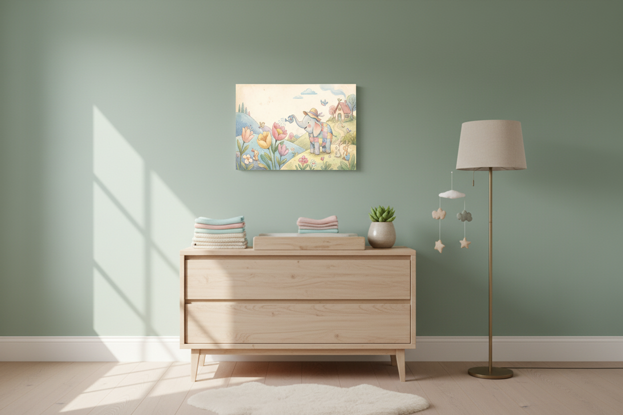 Whimsical elephant nursery canvas wall art on sage green wall above a wooden changing table with pastel blankets - Portugal Canvas Co