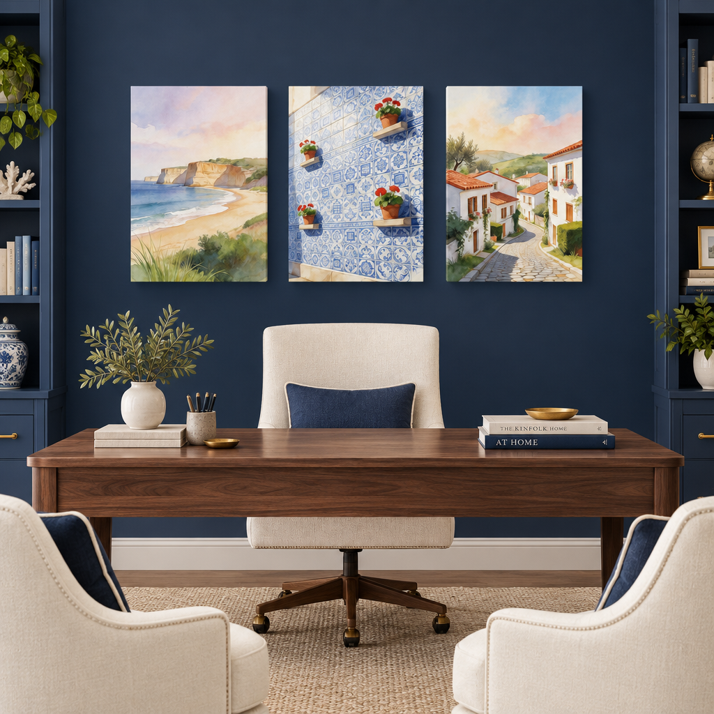 Three-piece Mediterranean canvas wall art in a navy blue home office, beach, Portuguese tiles and village street - Portugal Canvas Co