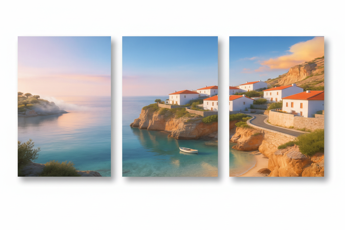 Mediterranean coastal village sunrise 3-panel triptych canvas set with turquoise bay and white houses on golden cliffs on white background - Portugal Canvas Co
