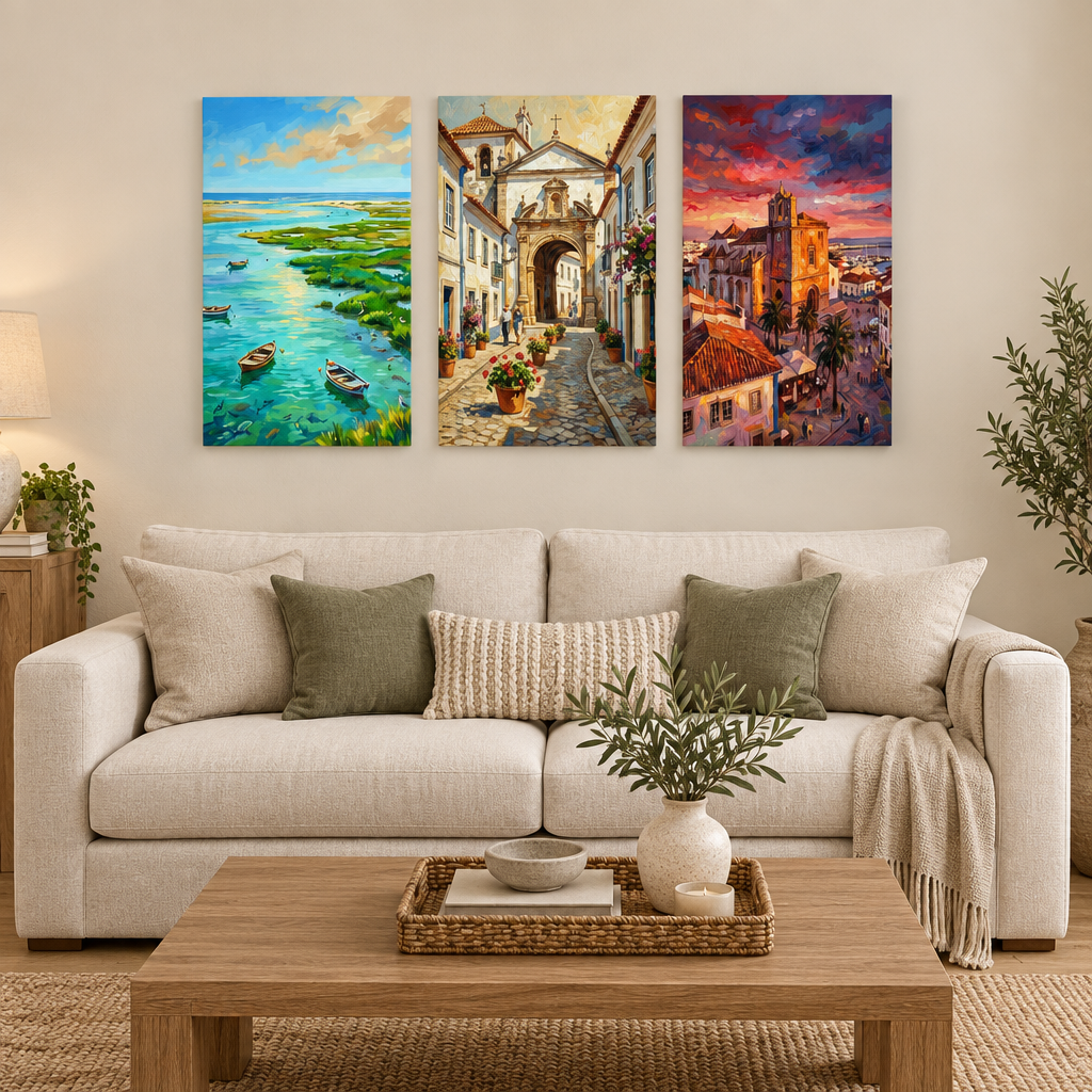 Faro three-panel canvas set with lagoon boats, an old town arch and sunset church in a cream and oak living room - Portugal Canvas Co