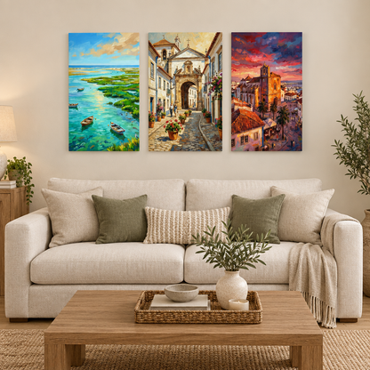 Faro three-panel canvas set with lagoon boats, an old town arch and sunset church in a cream and oak living room - Portugal Canvas Co