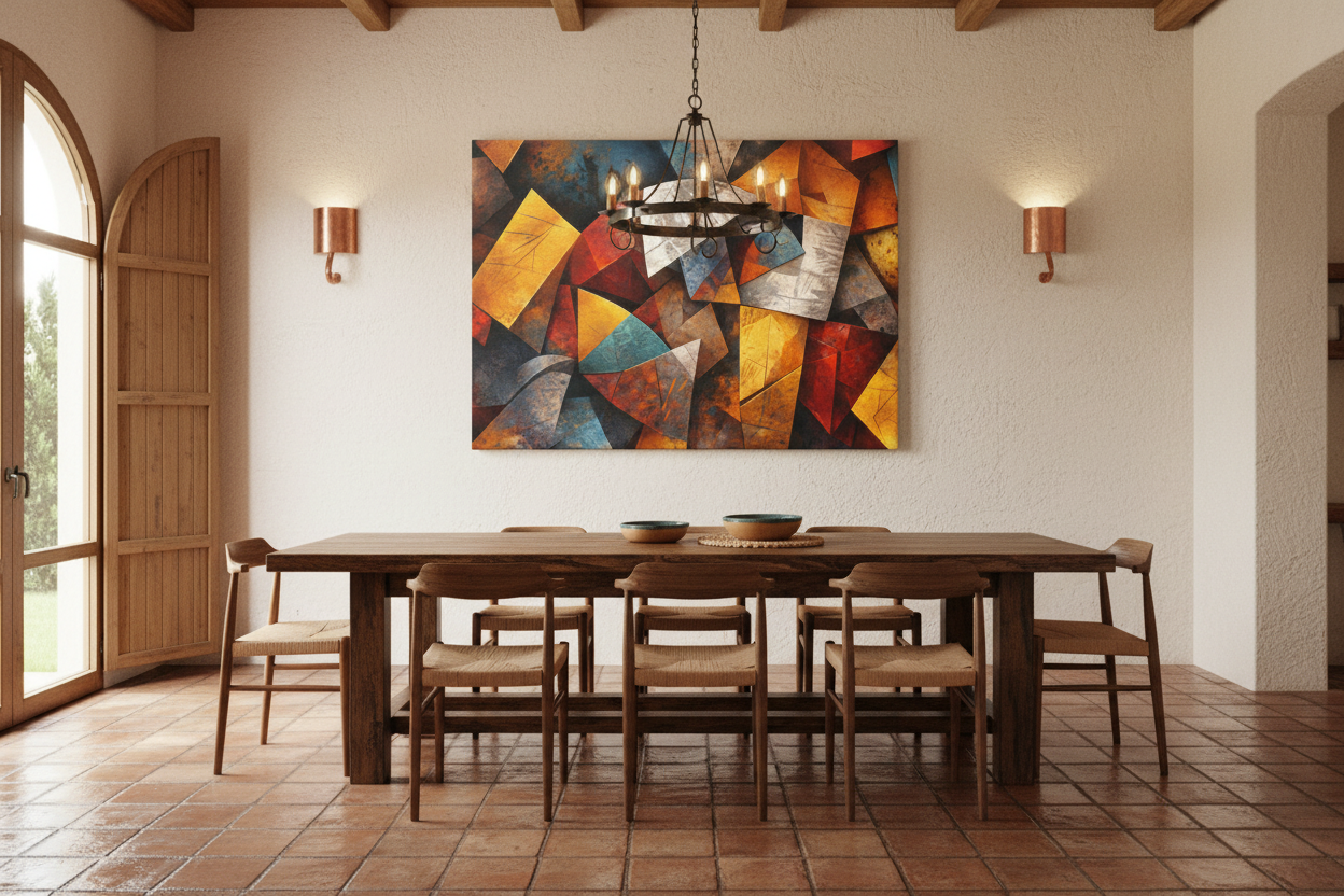 Modern abstract geometric canvas wall art with colourful textured shapes hung above a wooden dining table in a warm Mediterranean dining room - Portugal Canvas Co